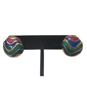 Vintage‎ 1980s Enamel Pierced Earrings Colorful Striped Statement Jewelry